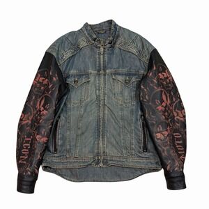 Vintage Strongarm Fate Lined Jacket Icon Moto Skulls Denim Leather Men's Size L